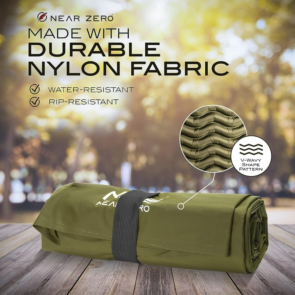 Ultralight Inflatable Sleeping Pad – Compact 14.5 Oz Air Pad 2" Thick, Quick Inflate with 11 Breaths, Durable Rip-Resistant Nylon – Ideal for Backpacking & Warm Weather, Green