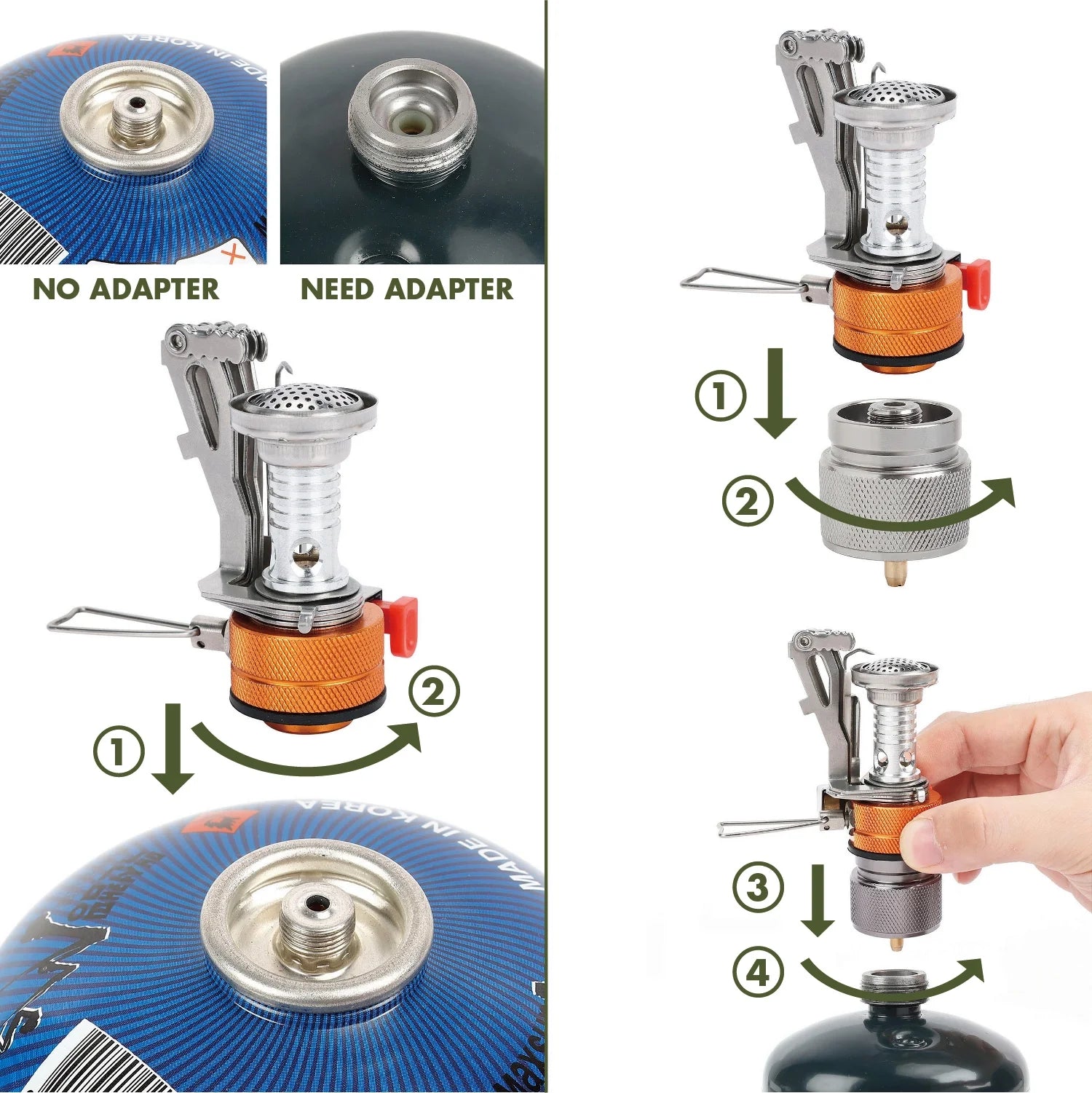 4 Piece Portable Camping Stove Adapter and Stand Set, Propane Compatible, All-In-One Kit